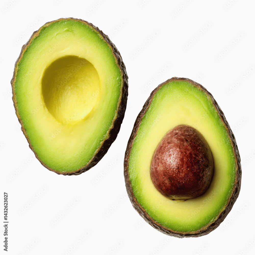 Poster a halved avocado on a white background showing the pit in one half and the empty pit in the other ha