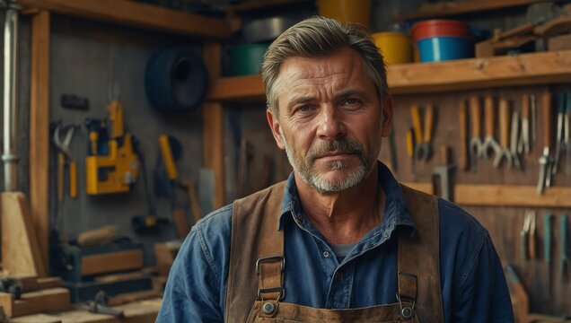 Skilled woodworker standing proudly in his busy carpentry workshop.

