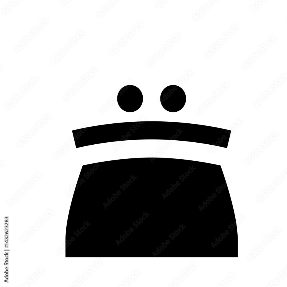 Poster stylized graphic of a black coin purse with two clasps on top and a curved shape design element