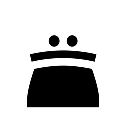 Stylized graphic of a black coin purse with two clasps on top and a curved shape design element