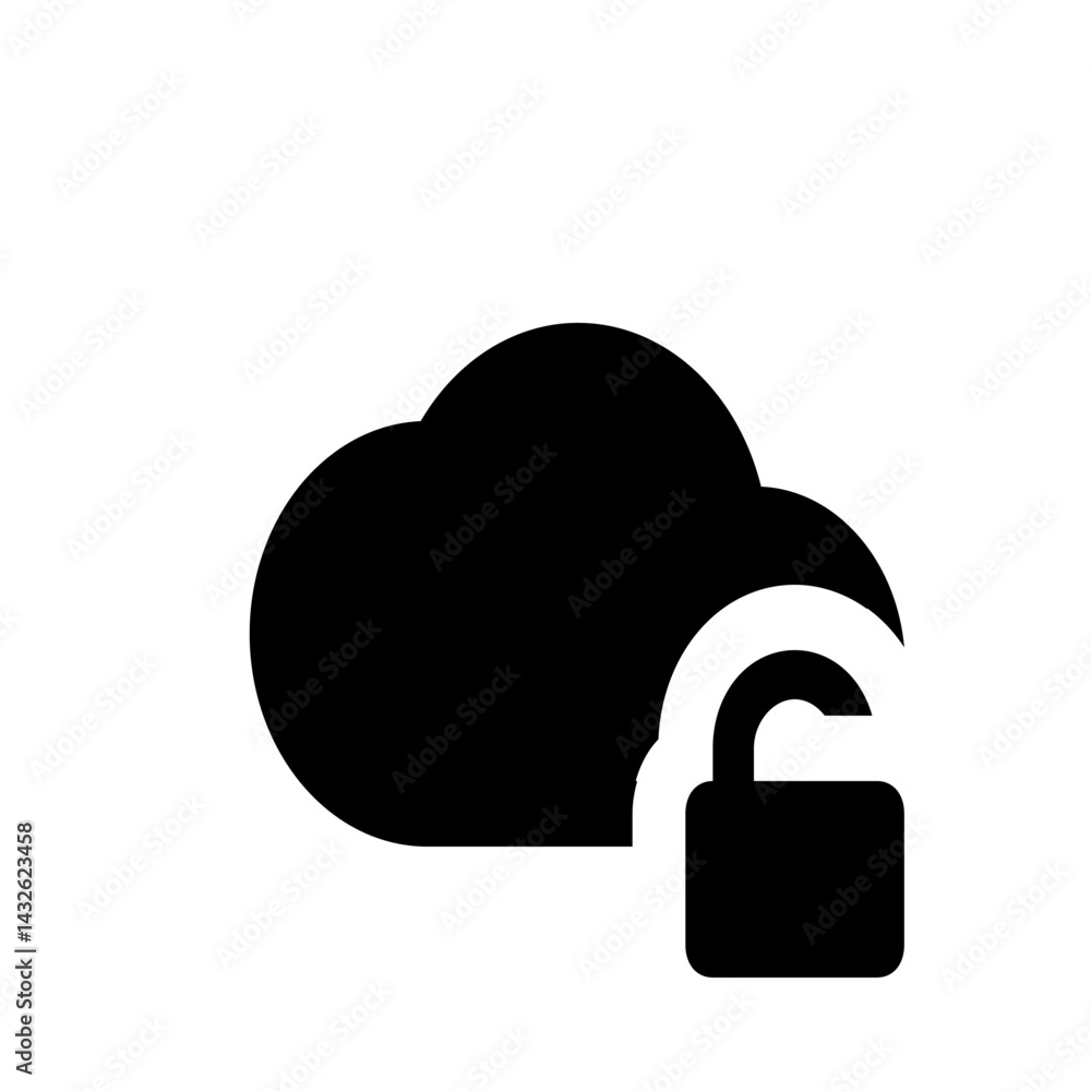 Poster black cloud with an open padlock symbolizing unlocked cloud storage and data accessibility and secur