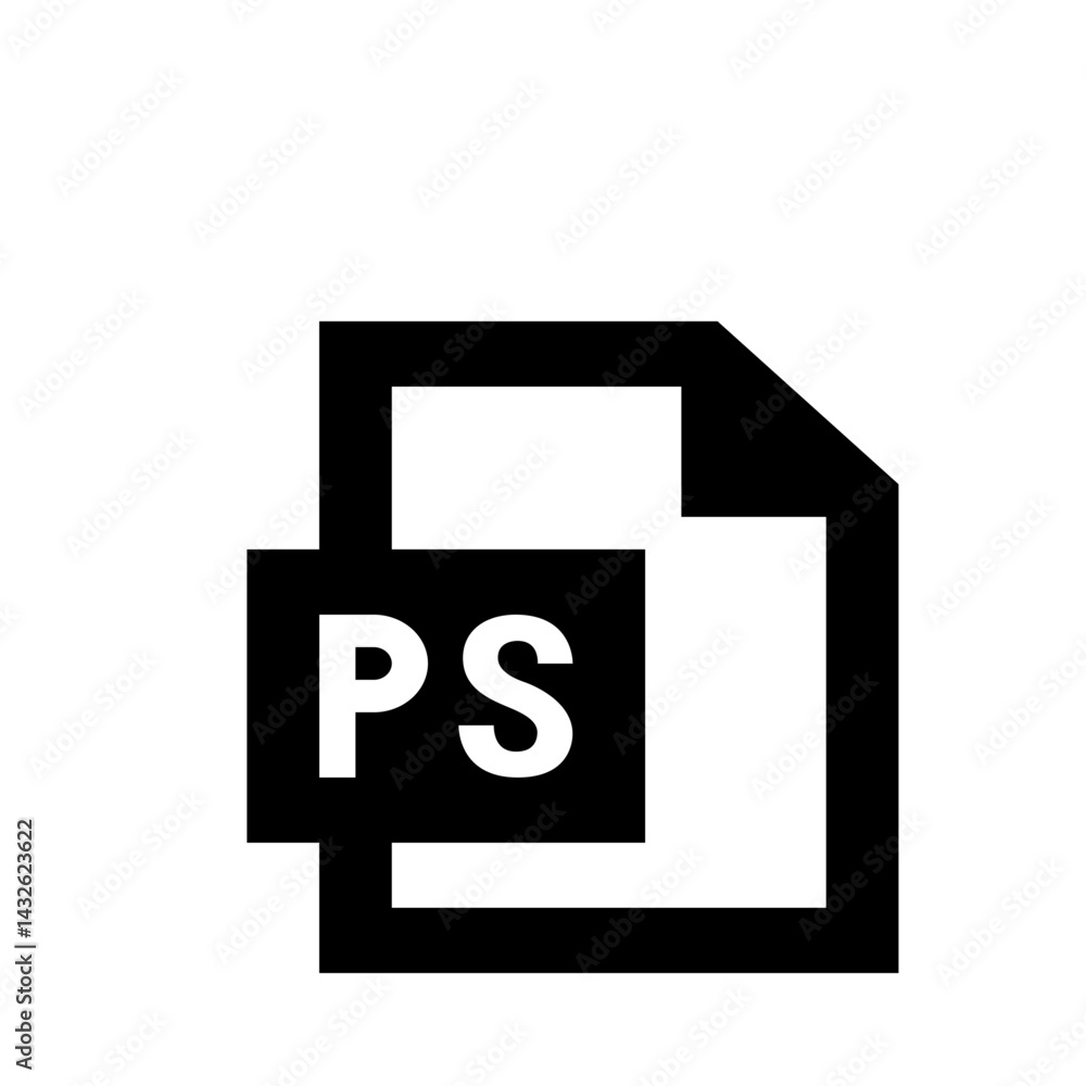 Poster black and white ps file icon showcasing a document format with the letters ps in bold white font