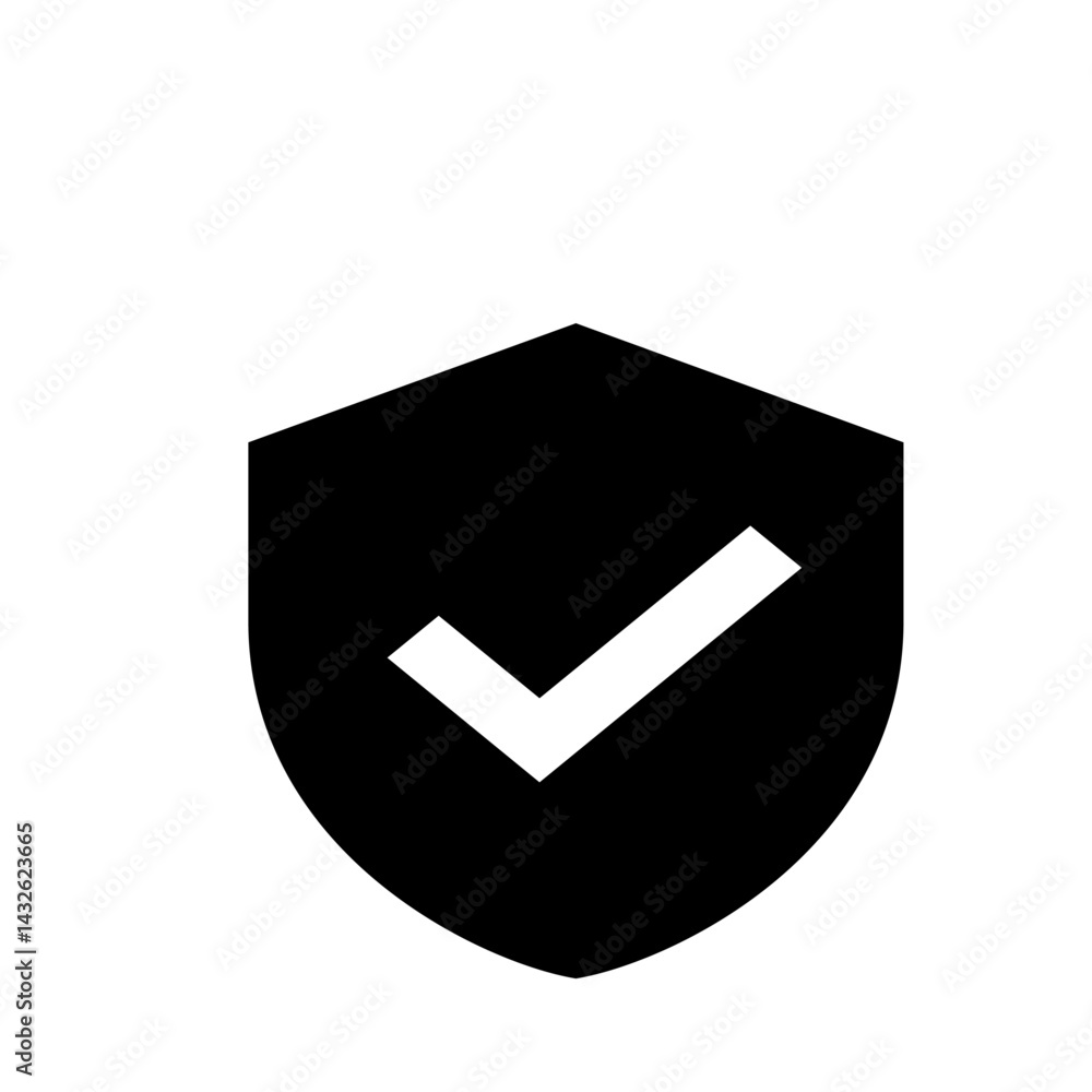 Poster black shield with a white check mark in the center representing security and verification icon desig