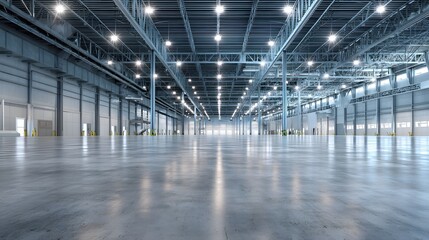 Obraz premium Industrial warehouse with concrete floors and steel beams, showcasing raw urban aesthetics and depth 