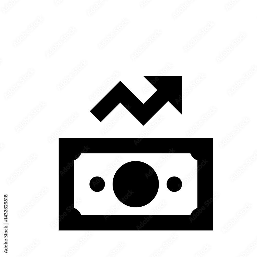 Poster black and white icon showing a bill with two circles and an arrow pointing upwards in zig zag line