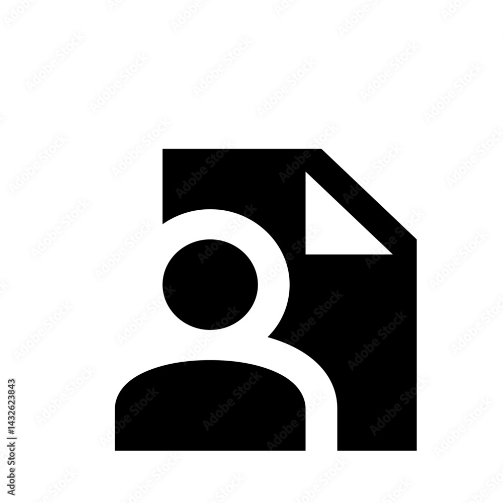 Poster white person icon on a black document with a folded corner in a simple graphic design style