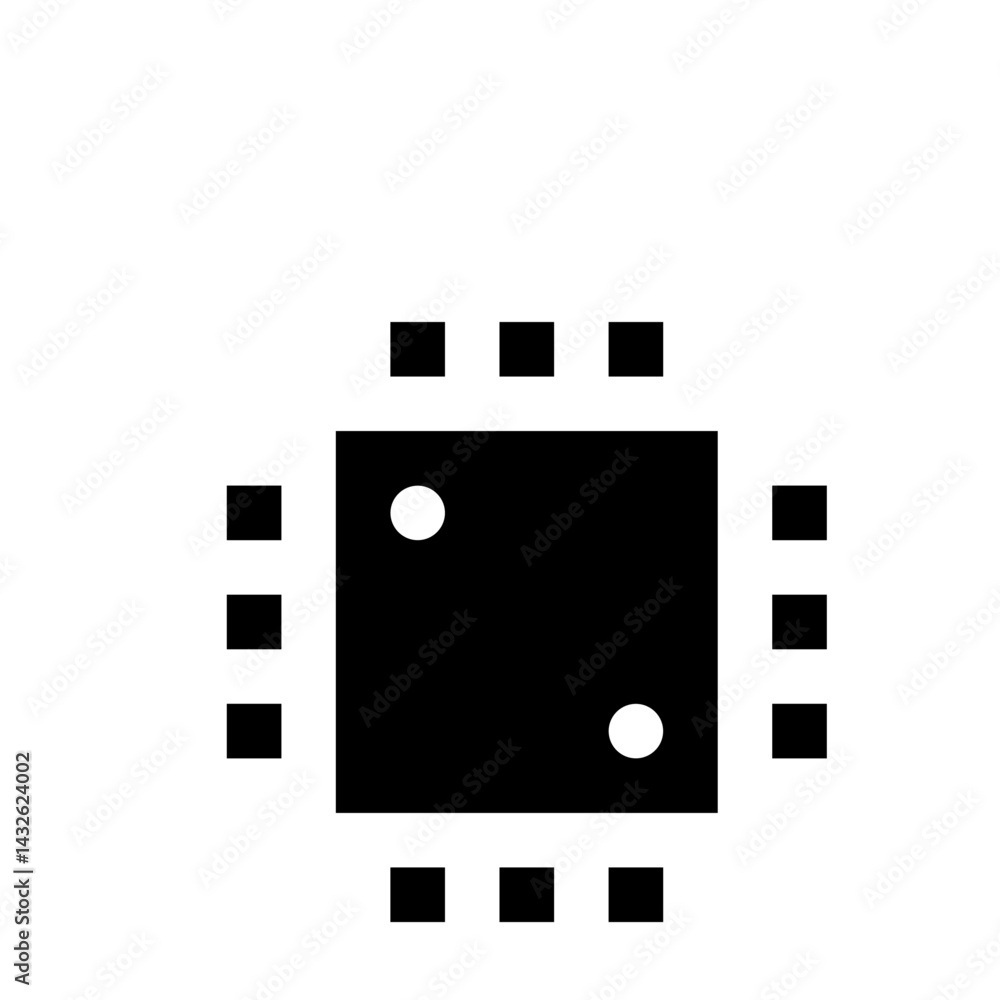 Poster integrated circuit with square body and multiple pins and two white circles on a white background