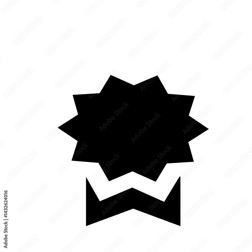 Poster black starburst shape with jagged edges above a geometric ribbon design in a simple graphic style