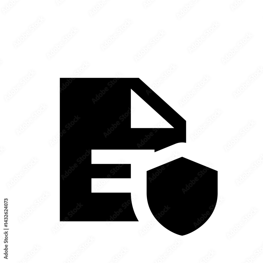 Poster black document icon with a white shield overlayed representing secure file and data protection on wh