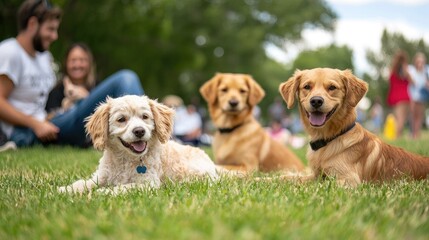 Happy Dogs Relaxing Together on Green Grass in Sunny Park Setting
