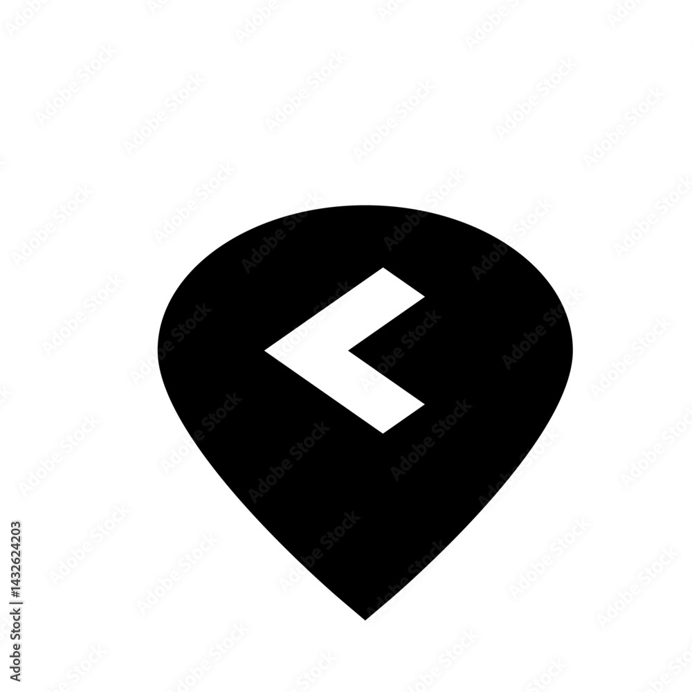 Poster black location pin pointer with a white left arrow inside indicating direction on a white background