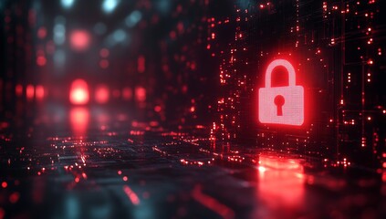A glowing red padlock icon illuminates a dark, futuristic circuit board, surrounded by red and blue bokeh lights.