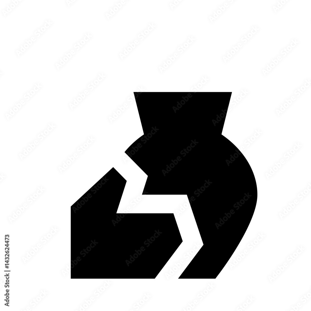 Poster stylized black broken vase with jagged crack running through its side on a white background image vi
