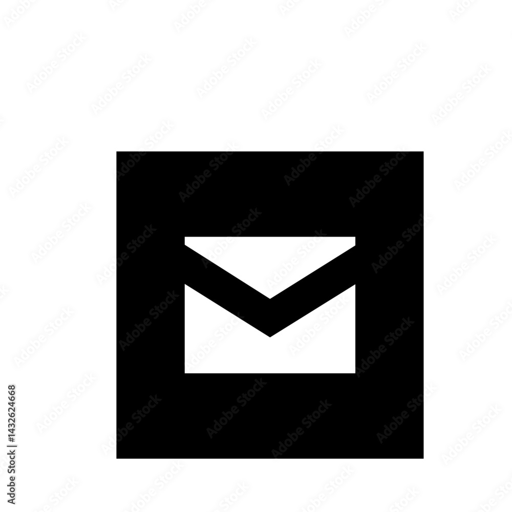 Poster white envelope icon centered within a solid black square graphic representation isolated on white ba