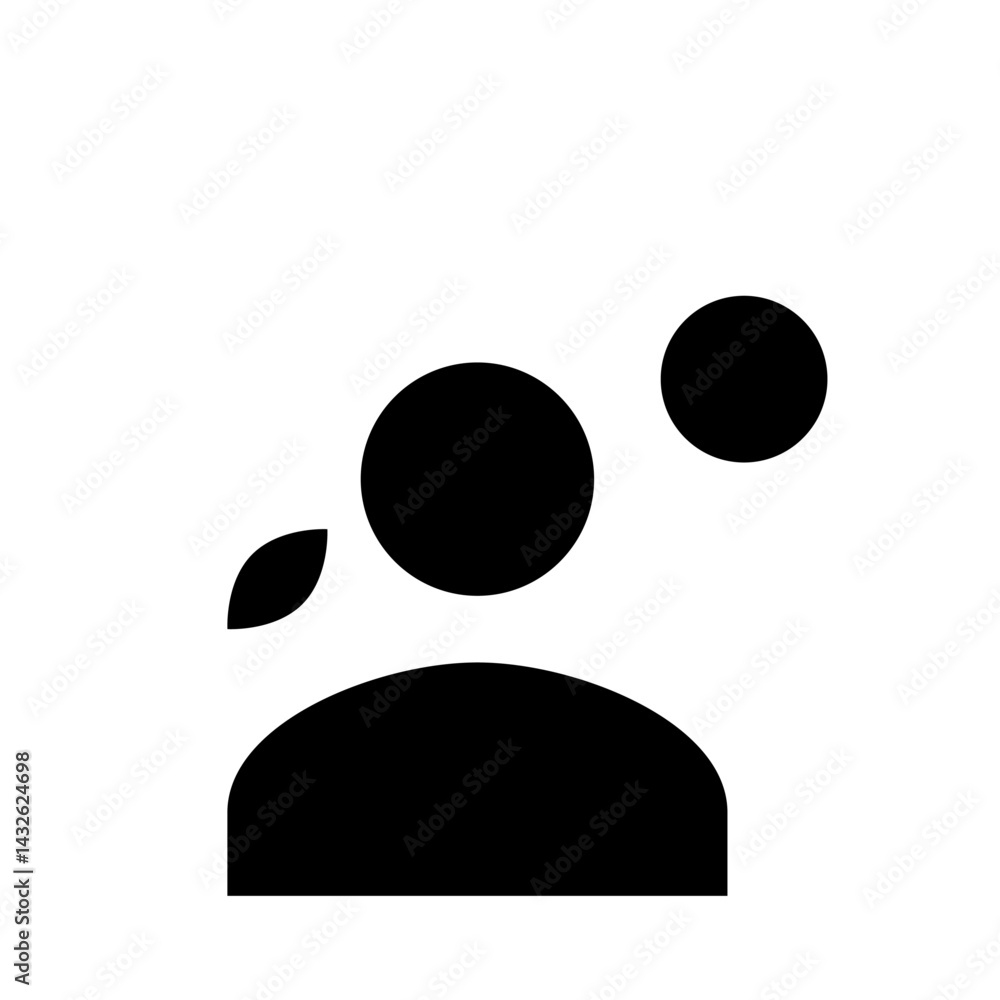 Poster silhouette of a person with two circles and a leaf shape floating above their head in black and whit