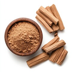 Fresh and dried sandalwood powder, isolated on white background, used in incense making
