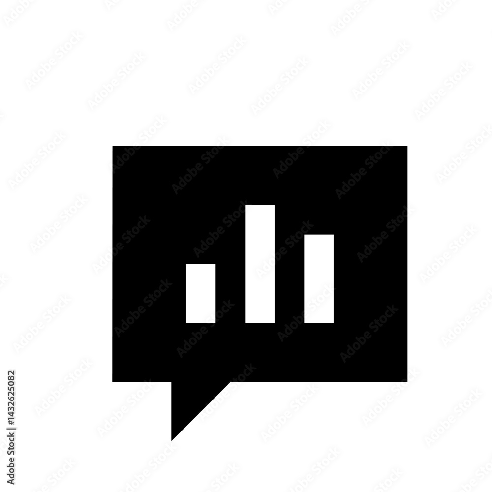 Poster black speech bubble with three white bars of varying heights representing a data graph inside it