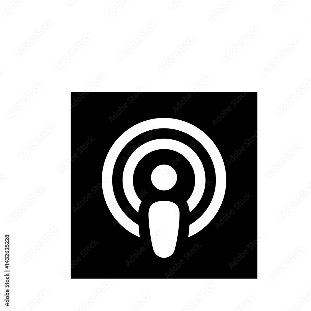Poster illustration of a white podcast icon with concentric circles on a black square background design ele