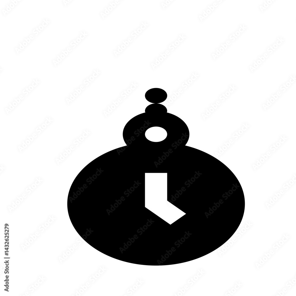 Poster a simple black and white illustration of a clock with a pendulum and a white clock hand showing time