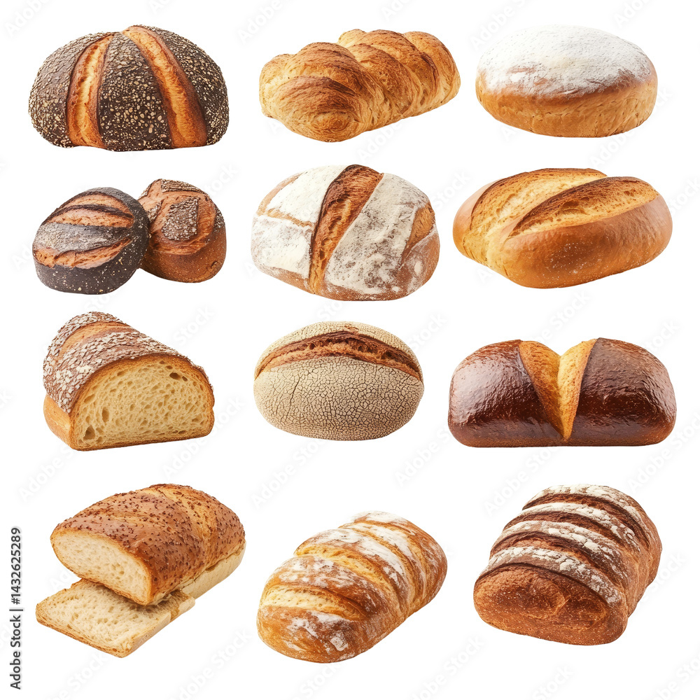 Poster an assortment of freshly baked breads displayed on a transparent surface, showcasing diverse texture