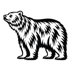 Detailed Black and White of a Standing Grizzly Bear in Silhouette Style