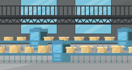 Factory interior with conveyor belt and boxes. Factory production. Logistics warehouse.