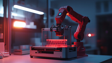 A robotic arm assembling high speed AI controlled 3D printers for rapid prototyping in a tech lab, optimizing print precision and material use for efficient product development, Tech-style
