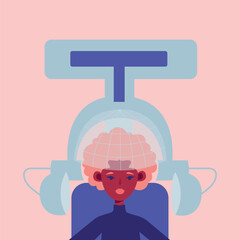 Vector illustration of a woman doing her hair with the help of a robot hairdresser. Beauty salon. Technologies of the future. Hairdressing salon.  AI technologies. 