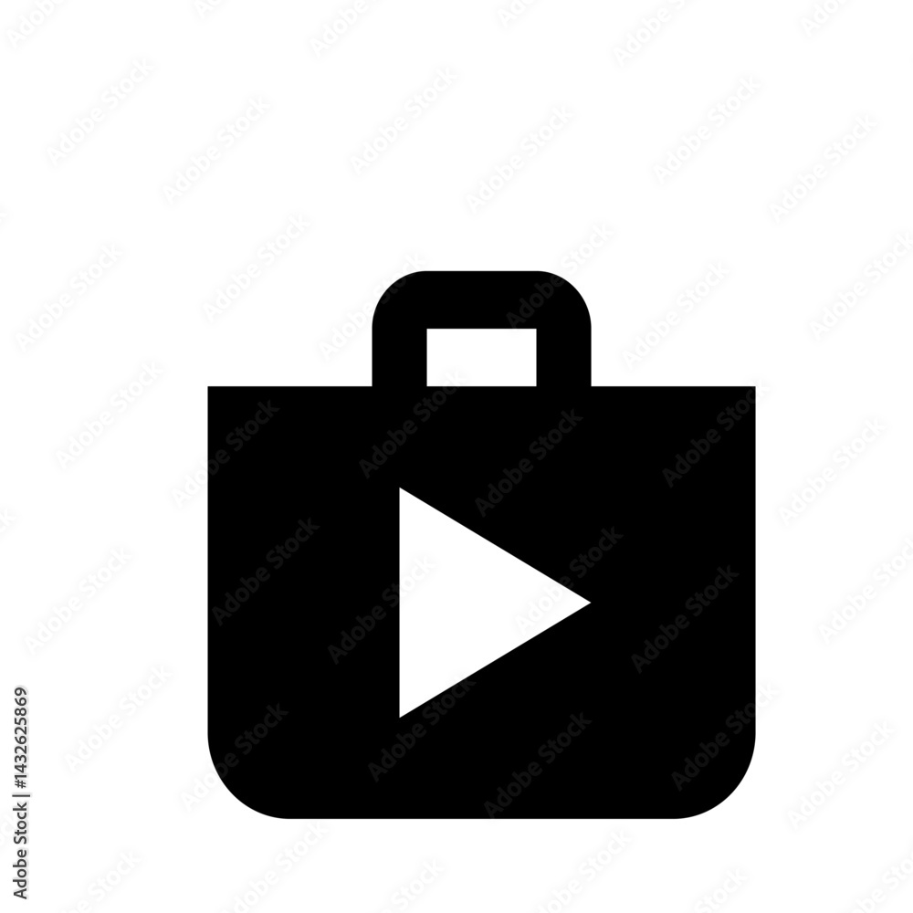 Poster black shopping bag icon with a white play button symbol on the front side in a simple vector design