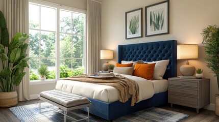 Styled bedroom with earthy tones, blue headboard, layered textiles, and natural decor elements.
