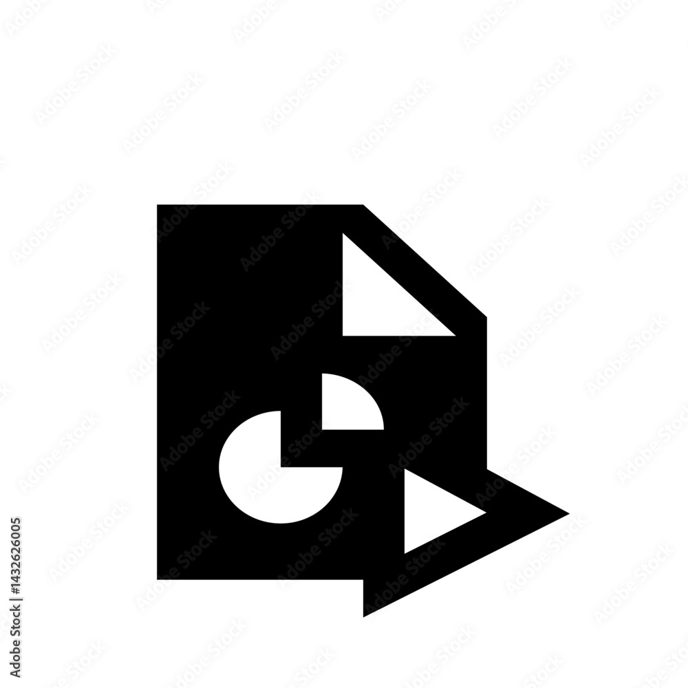 Poster black document icon with folded corner and pie chart overlay and arrow pointing rightward design