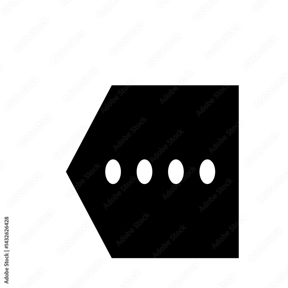 Poster black rectangle with a pointed left end and four white circles aligned horizontally in the center