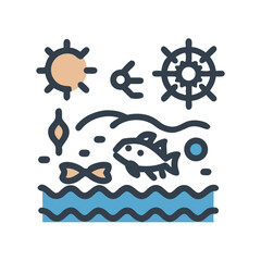 Nautical Scene with Fish, Sun, and Ship Wheel Icon