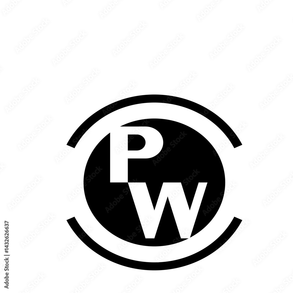 Poster a logo with a circle and two curved lines with the letters p and w in the center in white color 100