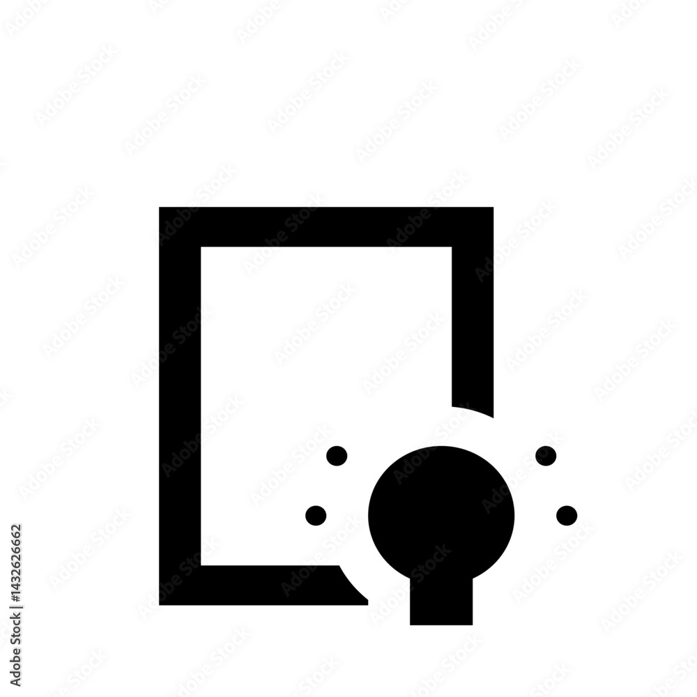 Poster black and white illustration of a square with a circle and dots around it in simple graphic style