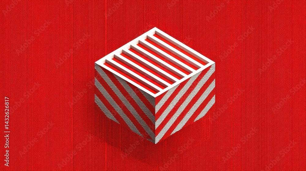 Poster geometric cube design with diagonal stripes on a red background.