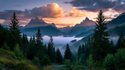 Sunrise illuminates a mist-filled mountain valley, with dark green pines framing the tranquil, cloud-kissed landscape in dramati