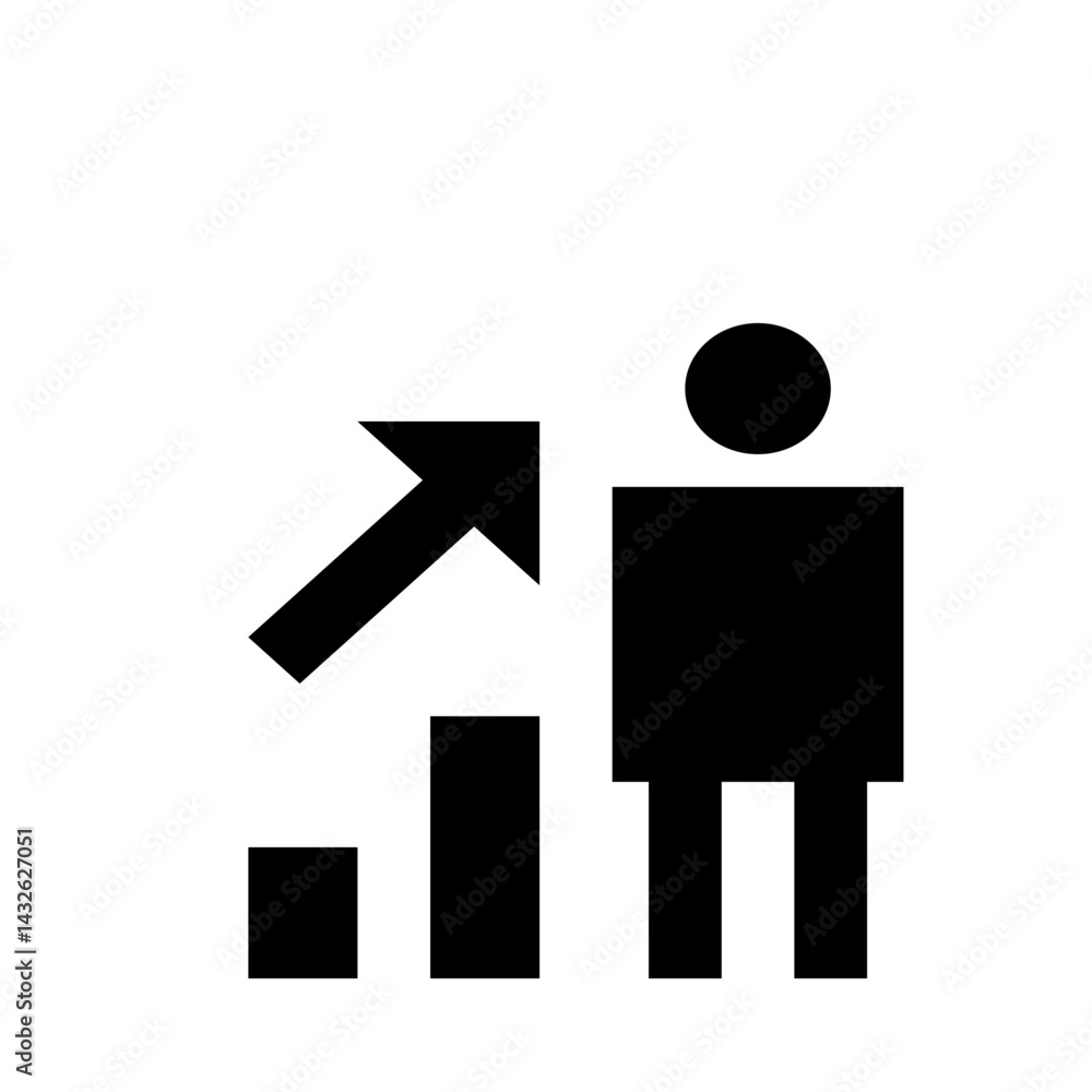 Poster stylized icon depicting a person next to an upward pointing arrow indicating growth or improvement p