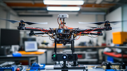A robotic arm assembling high tech AI powered drones for industrial inspections in a tech lab, integrating sensors for visual and thermal inspection of facilities, Industrial-tech style