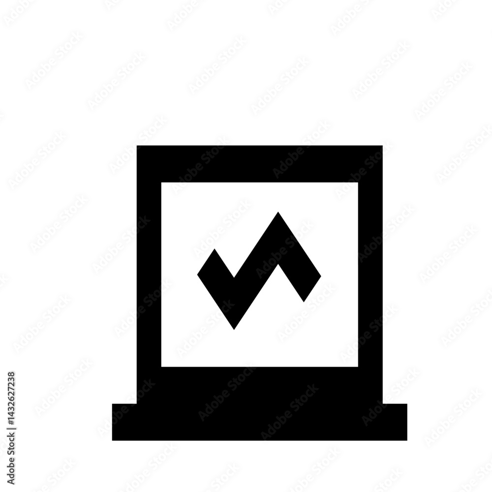 Poster black and white laptop icon with a downward trending arrow inside the screen in simple vector style