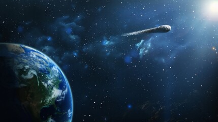 Fototapeta premium Asteroid approaching Earth, space, cosmic background, disaster warning