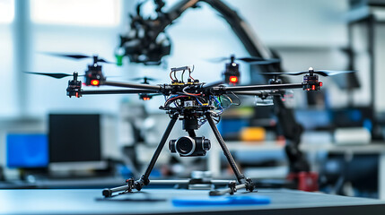 A robotic arm assembling high tech AI powered drones for industrial inspections in a tech lab, integrating sensors for visual and thermal inspection of facilities, Industrial-tech style