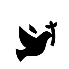 Silhouette of a dove carrying an olive branch symbolizing peace and hope in a simple black and white design