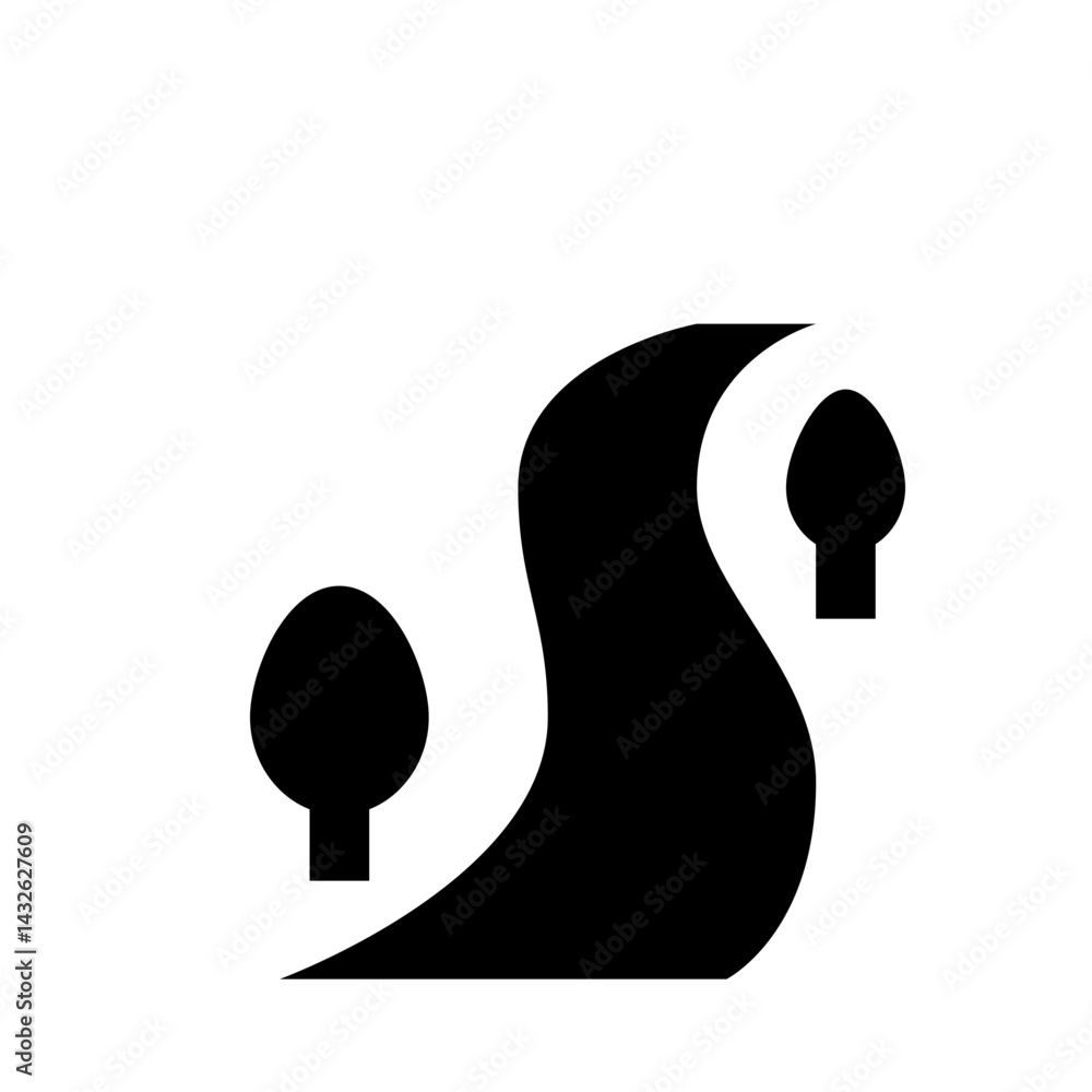 Poster black and white illustration of a winding river with trees on either side in a simple design style
