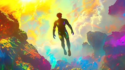 Surreal Ascent A Man Soaring Through Vibrant Celestial Landscape