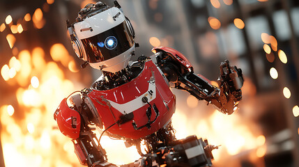 A robotic arm assembling high tech AI powered robots for autonomous firefighting in an emergency tech lab, integrating AI and thermal sensors for fire detection and response, Emergency-tech style
