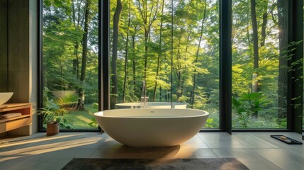 Fototapeta premium Modern Bathroom with Forest View