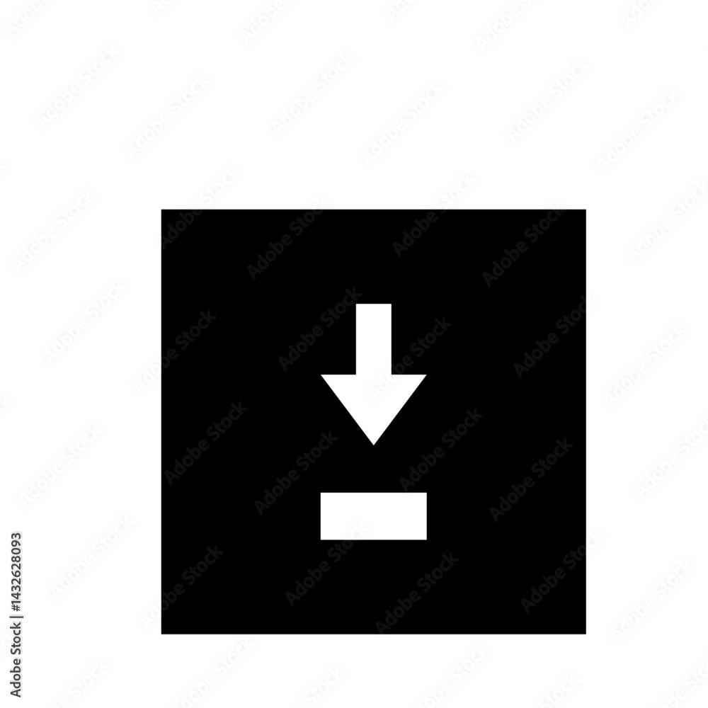 Poster a white arrow pointing downwards towards a horizontal rectangle on a black background download symbo