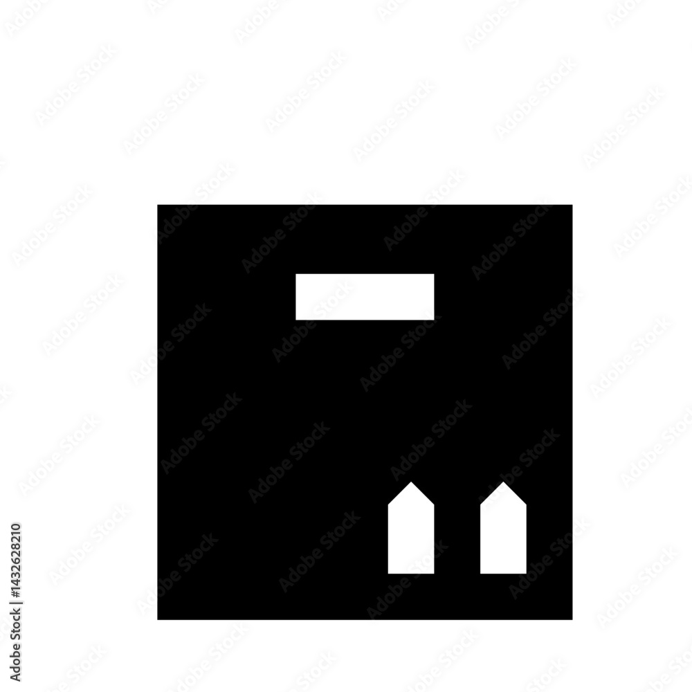 Poster black square with a white rectangle at the top and two white shapes at the bottom of the square desi