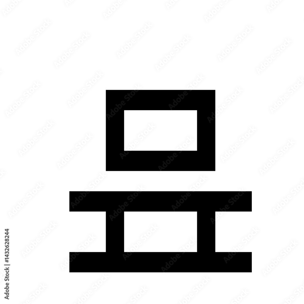 Poster simple graphic of two stacked rectangular shapes with a central support structure below it in black 